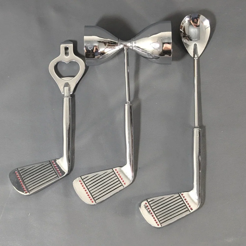 Vintage Chrome Golf Club Bar Tool Set Jigger Mixing Spoon Bottle Opener 3pc